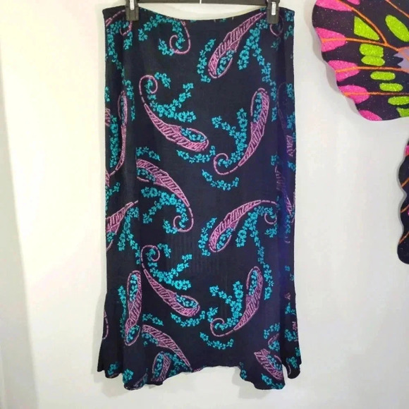 CLEARANCE Vintage Notations Skirt Paisley Print Pink Aqua Ruffle Hem Stretchy XL - Picture 6 of 12